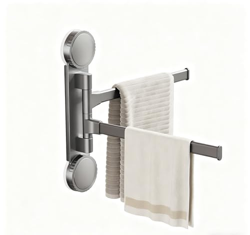 Porte Serviette Salle de Bain à Ventouse, Pivotant à 180°Porte Serviette Mural Doubles Tiges, Aluminium Space, Gris Acier