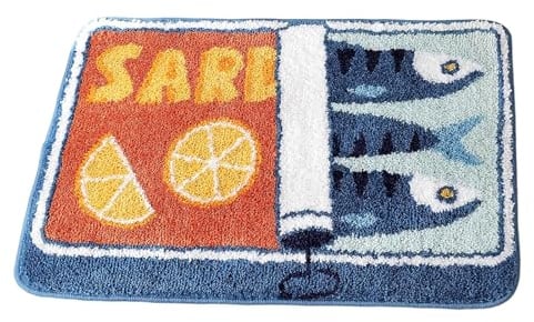 Floruvia Sardinen-Dose Badezimmermatte, Blaue Badteppiche für Schlafzimmer, Weiche Waschbare Matte, rutschfeste Niedliche Küche Badmatte mit Lustigem Cartoon Fisch und Zitrone