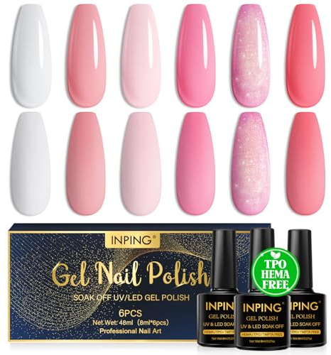 INPING Gel Nail Polish, HEMA-FREE TPO-FREE, 6 Colors White Baby Pink Glitter Valentine's Day Series Varnish Soak Off UV/LED Nail Polishes for Women Nail Art DIY Salon Home, 8 ML