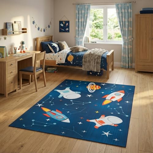 TAPISO Snooki Kinderteppich Weltraum Rakete Blau rutschfest 80 x 150 cm