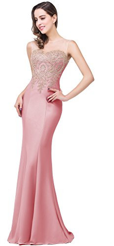 Babyonlinedress Sexy Elegant Robe de soirée Bal Cérémonie Forme Fourreau Longue au Sol sans traîne avec Dentelle Appliques Rose 40