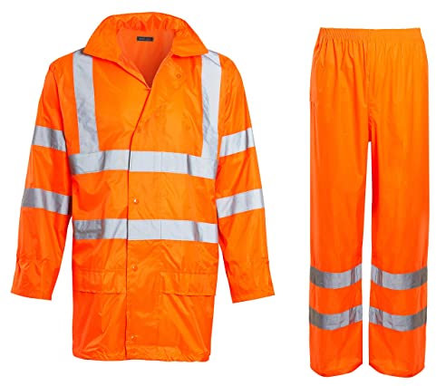 shelikes Hi VIS Viz & Plain Rainsuit 2 Piece Set High Visibility Men Women Hooded Puddle LaShelikes dies Rain Suit Jacket & Trousers Waterproof PVC Workwear Rain Wear Size S-4XL (Orange Hi Vis, XL)