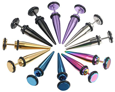 Aroncent Ohrringe Fake Plug Spike: 6 Paar Mischfarben mit Gummi O-Ringe Fakeplugs Dehnstab Edelstahl Taper Ohr Tunnel Piercing Ohrstecker Ohrringe Expander Durchmesser 8mm