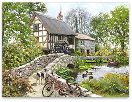 Leinwandbild Watermill Wasserfarben 60 x 80 cm I Wandbild Natur Brücke See Boot Malerei Wassermühle I Bild Wohnzimmer Schlafzimmer Esszimmer Leinwand I Bild groß XXL I Verschiedene Motive & Größen