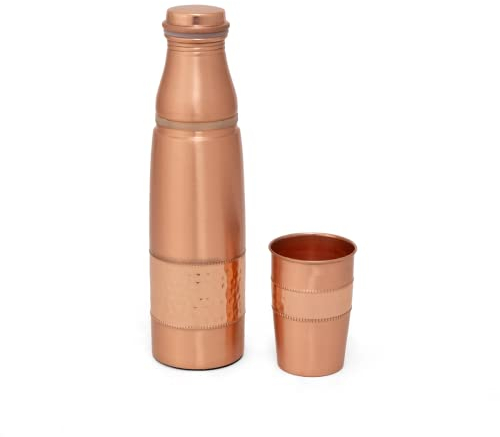 Zap Impex Wasserflasche aus reinem Kupfer mit Glas für ayurvedische Vorteile Travellers Hammered Water Bottle 900ml