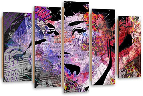 Feeby Dekobild 5 Paneele 200x100 cm Audrey Hepburn Abstraktion Porträt Wanddekoration Kunstdruck Zimmerdeko Bilderwand Ikone Schauspielerin Pop-Kultur Rosa