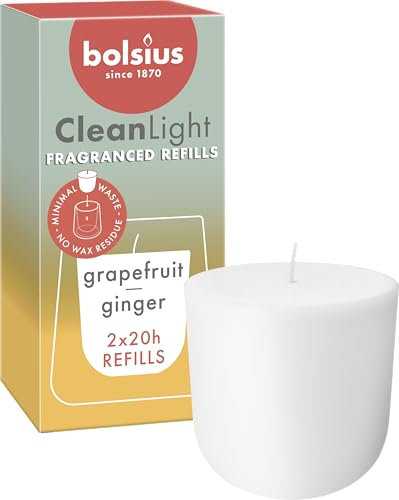 Bolsius - CleanLight Refill - Nachfüllbare Duftkerze - Grapefruit & Ingwer - Nur Nachfüllungen - 2 Stk. - Länge Brenndauer 20 Stunden - Enthält Natürliches Pflanzenwachs - Nachhaltiges Konzept