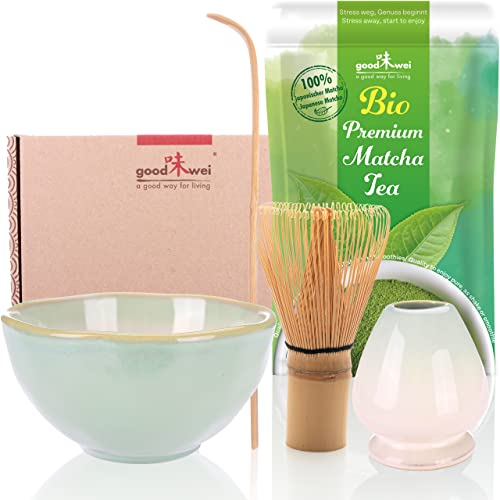 Goodwei BIO Matcha aus Japan im Matcha-Set komplett mit hochwertiger Matcha Schale aus Keramik, Matcha Besen und Besenhalter | Geschenkset für Teezeremonie (Hasunomi)