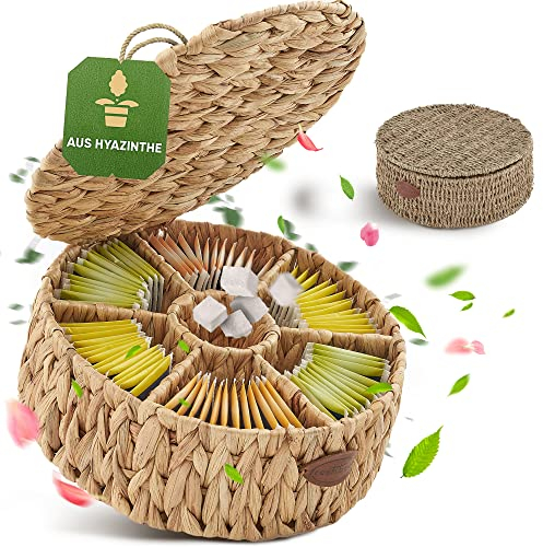 freshboho Teebox für Teebeutel [extra große Radialfächer] runde Teebeutel Aufbewahrungsbox | Organizer, Box, Tee Aufbewahrung aus Hyazinthe | wähle dein Modell