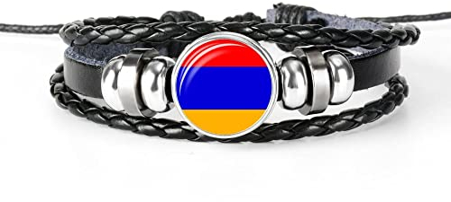 Armenien-Flagge Geflochtenes Armband – Wappen Aus Glas-Edelstein,Mehrschichtiges Pu-Leder-Armband,Ballspiel-Flag-Knopf-Armbänder,Schmuck,Verstellbares Unisex-Armband-Armband Für Party-Schmuck,