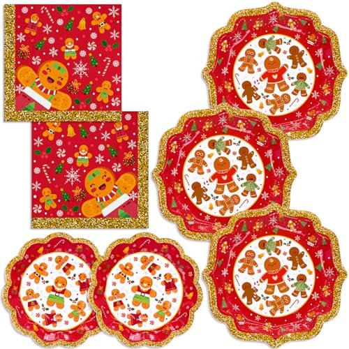 BFUN Christmas Plates and Napkins, 150pcs Xmas Gingerbread Party Tableware Set, Dinner Plates, Dessert for December supplies favors kids, Serves 50 (BJZ25)
