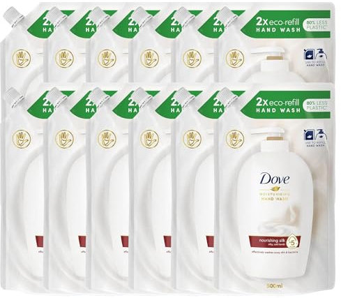 Dove Moisturising Eco-Refill for Liquid Hand Wash Nourishing Silk Effective Antibac Cleansing for 24H Nourishment and Instantly Soft Skin 500ml, 12 Pack