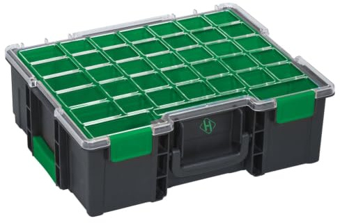 HEMMDAL Kleinteilekoffer mit 8 Fächern | HxBxT 14,4x44x35,5 cm | unbestückt | 18 kg Tragkraft | Sortierkasten | modular kombinierbar | Kleinteilemagazin aus Kunststoff | Schwarz/Grün