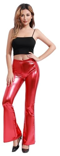 Damen-Leggings mit hoher Taille, glänzend, metallisch, 80er-Jahre, lange Leggins für Tanz, Tanz, Sport und Karneval, rot, S