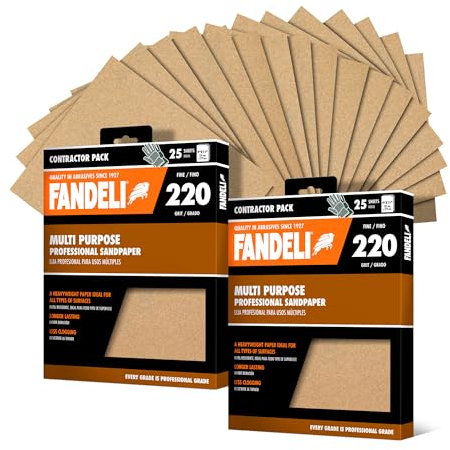 Fandeli | Multi-Purpose Sandpaper | 220 Grit | Sheets of 9'' x 11'' | Metal and Wood Sandpaper | Wall Sandpaper | Hand Sanding | Orbital Sanders (50, 220 Grit), 36944.