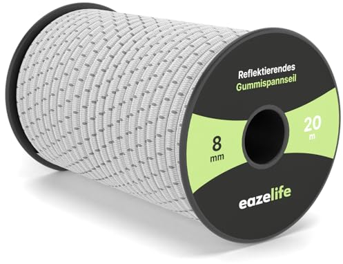 Gummiseil auf Rolle - reflektierend, wetterfest, zuschneidbar, hochelastisch, belastbar, vielseitiges Expanderseil für Anhänger, Segelsport, Angeln & Outdoor (weiß, 8mm x 20m)