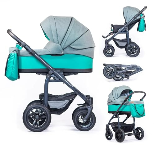 ZEKIWA Kinderwagen Kombikinderwagen 3 in 1 [81cm große Liegefläche] Baby Erstausstattung Neugeborene mit Sportwagenaufsatz - Kinderwagen 360° Vorderräder für alle Untergründe | Reisebuggy (Green)