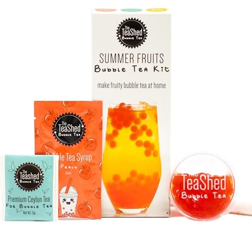 Summer Fruit Bubble Tea Kit | Fruit Boba Tea Set Includes Peach Syrup, Strawberry Popping Boba, Tea Bag and Paper Straw | by THE TEASHED