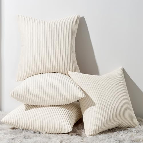 Topfinel 4er Set Samt Kissenbezug Kissenhülle Kopfkissenbezug Dekorative Dekokissen Couchkissen Deko Bezug Sofakissenbezug für Wohnzimmer Schlafzimmer Büro 45x45 cm,Cord-Creme