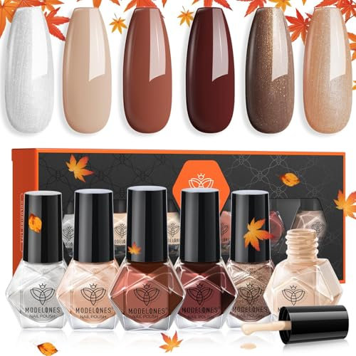 modelones Nagellack 6 PCS, Nagellack Schnelltrocknend Herbst Braun Orange Schokoliert Glitzer, Nagellack Ungiftig Auf Wasserbasis, Langanhaltender Nagellack für DIY Salon Geschenk für Frauen Mädchen