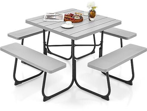 COSTWAY Conjunto de Mesa de Camping con Banco, 8 Personas, Mesa Camping Cuadrado con 4 Bancos,HDPE, Orificio para Sombrilla, Mesa y Sillas Jardin Patio Terraza (Gris)