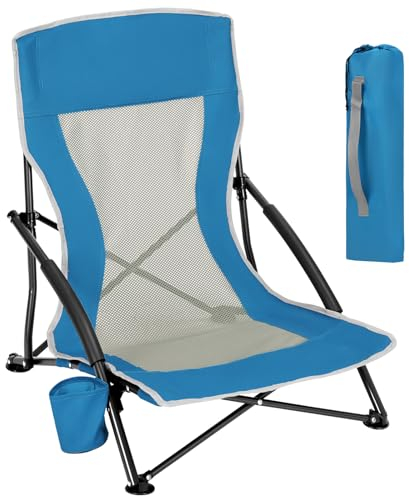 WOLTU Strandstuhl Klappbar, Campingstuhl Leicht Faltbar, Klappstuhl Strand, Gepolsterte Armlehnen, Mesh-Rückenlehne, Mit Getränkehalter Tragetasche, Für Strand Und Camping, Blau
