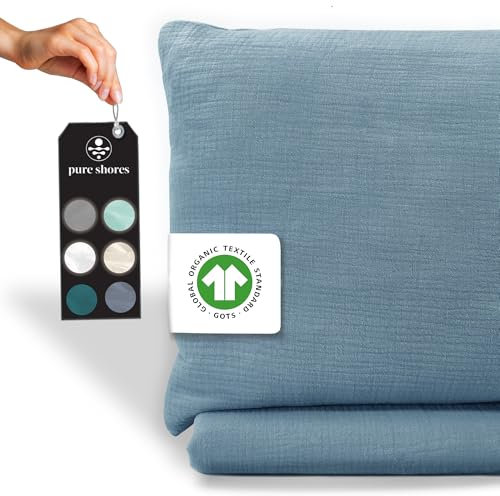 pure shores - Musselin Bettwäsche 135x200 | Bettwäsche 135x200 Baumwolle | Bettwäsche-Sets | 100% Baumwolle mit OEKOTEX | Reißverschluss | Bettwaren | Bedding Set | 1 Kissen 80x40 | Gezeiten-Blau