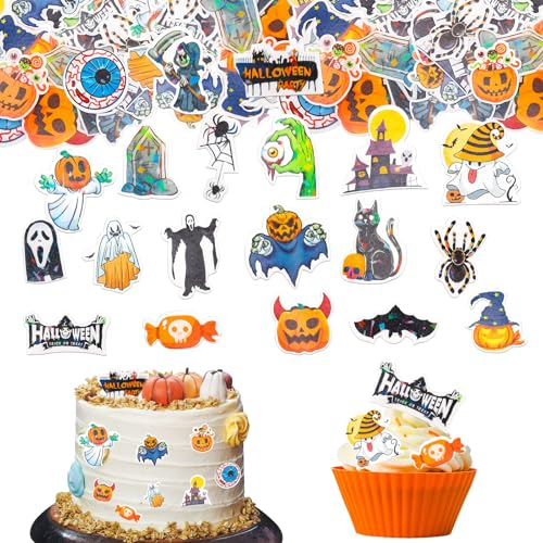GoldRock Halloween Essbare Tortendeko,60 Stk Halloween Tortendeko Essbar,Kürbis Horror Deko Torte,Fledermaus Gespenst Esspapier Kuchendeko,Muffin Cupcake Topper Kuchen Deko Essbar Halloween Decoration