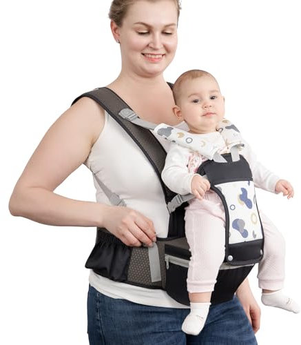 fisca Babytrage Neugeborenes bis Kleinkind, Ergonomische Babytrage mit Hüftsitz für 0-48 Monate Baby, 15-in-1 Möglichkeiten zum Tragen Baby Hüfttrage mit Rückenpolster Abnehmbar (Dunkelgrauer Druck)