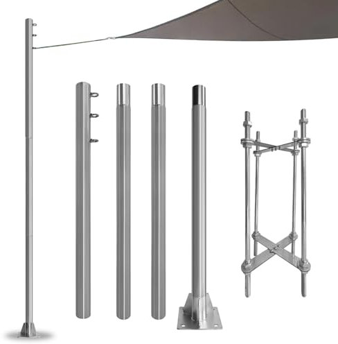 Asta per vela ombreggiante, 3,7 m, kit di pali per tende da esterni, diametro 6 cm, con staffa di base in calcestruzzo, per patio, giardino, terreno, erba, cortile, argento
