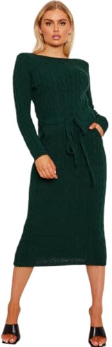Zaffiro Atelier Women's Cable Knitted Jumper Ladies Long Sleeve Side Pocket Tie Up Maxi Midi Fancy Dress (UK, Numeric, 12, 14, Regular, Regular, Bottle Green)