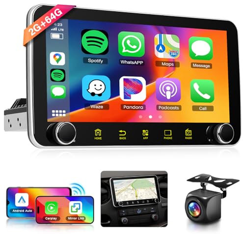 2G+64G Android 13 Single Din Car Stereo with Wireless Carplay Android Auto,Hodozzy 10.36 inch HD IPS 360-Degree Rotating Touchscreen 1 Din Radio/GPS/Wifi/Bluetooth/EQ Audio/SWC/AHD Reversing Camera