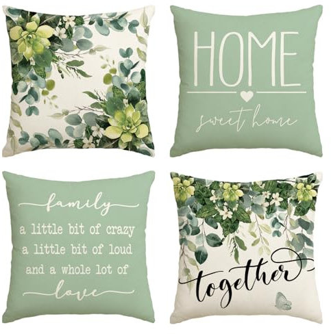 Artoid Mode Family Love Eukalyptus Blätter Sommer Kissenbezüge 4er Set, 50x50 cm Frühling Home Sweet Home Zierkissenbezug Cushion Cover Deko