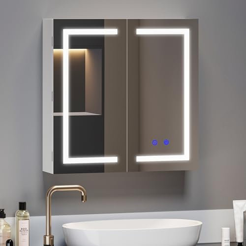 joolihome living LED Bathroom Mirror Cabinet, 600x600mm,Demister, Dimmable, 3 Colour Light Makeup Mirror,Wall Mounted Bathroom Mirror Cabinet with Lights and Shaver Socket (60 x 60 cm)