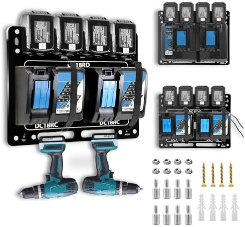 Wandhalterung für Makita Akkus (18V & 14,4V) - Bis zu 4 Akkus & 2 Ladegeräte, Robuster für Makita Akku Halterung für Werkstatt und Garage