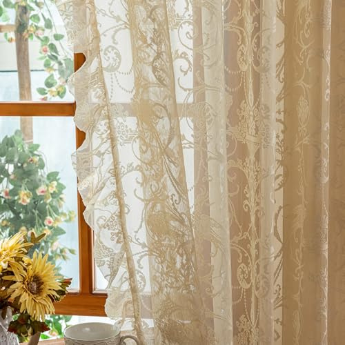 TUDECO Beige Küchenvorhänge, 114 cm Länge, rustikale Spitze, Blumenmuster, kleine Halb-Café-Vorhänge, Kurze Voile-Vorhänge für kleines Badezimmer, Fenster, Privatsphäre, Rüschenkanten, Stangentasche
