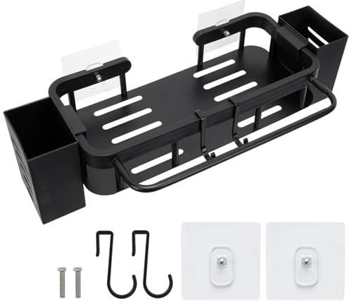 pangutheos Organizador Fregadero, Sin Perforaciones Organizador Estropajo Fregadero Negro Soporte Estropajo Fregadero con Caja de Almacenamiento Toallero y Ganchos para Baño Cocina