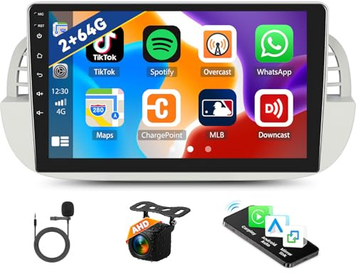 Zomolither 2+64G Android 15 Car Stereo for FIAT 500 2007-2015 with Wireless Carplay Android Auto 9 Touch Screen Bluetooth Car Radio with Mirror Link GPS Sat Nav FM +Reverse Camera