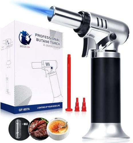 Bryze Butane Torch with Fuel Gauge, Refillable Blow Torch with Adjustable Flame, One-Hand Operation & Continuous Flame Lock for Cooking, Baking, Welding, Crafts(Butane Gas Not Included)