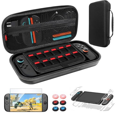 QMLING Tasche Kompatibel mit Nintendo Switch 2 (2025), Tragetasche mit Großem Fassungsvermögen, Reisetasche mit Transparente Schutzhülle und Gehärtete Glasfolie Kompatibel mit Nintendo Switch 2