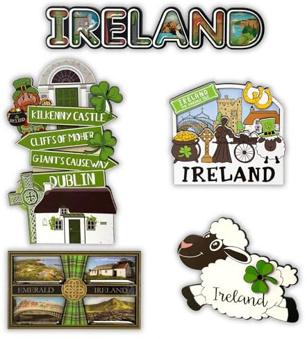 SAJAK Ireland Souvenirs 3D Wooden Fridge Magnets - 5 Pack Assorted Irish Attractions & Symbols | Gifts from Ireland Home Decor | Kilkenny Castle, Cliffs of Moher, Shamrock UK Travel Keepsake
