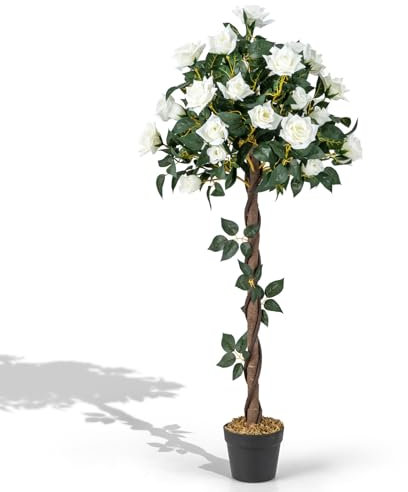 RELAX4LIFE Albero Artificiale Alto 120 CM con Rose Bianche, Pianta Finta in Vaso, Tronco in Legno Reale, Senza Manutenzione, Decorazione per Ufficio e Casa