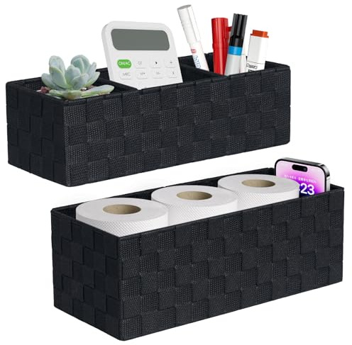 ORGMASTER Drawer Organizer, Storage Basket for Shelves, Handmade Small Woven Baskets, Storage Containers for Organizing Desk, Cupboard, Bathroom, Dresser, Kitchen, 2 Pack Black