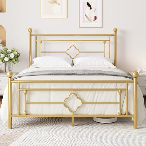 MUTICOR Metallbettgestell 160 x 200 cm mit Kopfteil und Fußteil, Gold | Leinenoptik Bezug, Weiches Kopfteil, 11,5 cm Stauraum, 363 kg Belastbarkeit, Geräuschfrei, Einfache Montage