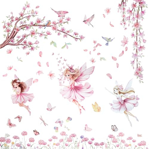 Nilioyul Wandtattoo Feen Blumen Kinderzimmer Rosa Wandaufkleber Wandsticker Personalisiert Sticker Florales Schmetterlinge Mädchen Babyzimmer Schlafzimmer Wanddeko
