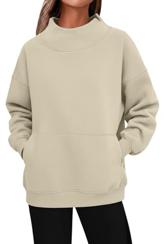 SXcggal Funnel Neck Sweatshirts for Women Beige S|Mock Neck Sweater,Cowl Neck Sweatshirts Oversized Casual Long Sleeve Fleece Pullover Tops Winter Clothes