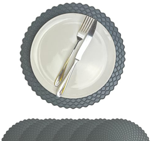 Stone & Thyme Grey Silicone Placemats Set of 6 – 29 x 29cm. Waterproof & Non-Slip Dining Table Mats, Heat Resistant, Easy-Clean Reusable Food-Grade Silicone Placemats for Family Meals.