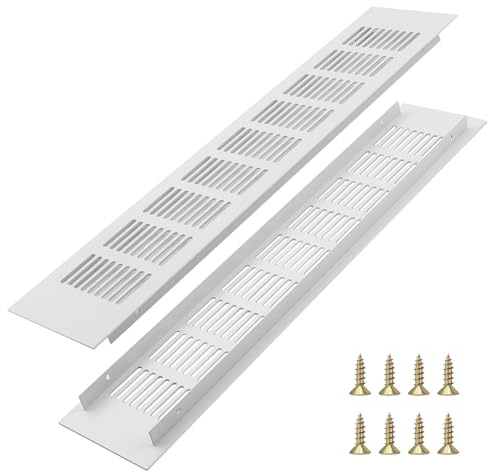MISIQIMA 2 unidades de rejillas de ventilación rectangulares 40 cm × 8 cm, rejilla de ventilación blanca con tornillos, rejilla de ventilación de aluminio para zapatero, baño, cocina, balcón