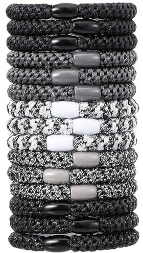 Shimmeroo 15 Stück Elastische Haargummi für Damen und Herren | Klassiker Zopfgummis 4cm Modisch Haargummis für Sport Alltag und als Stilvolles Armband(Schwarz,Grau)