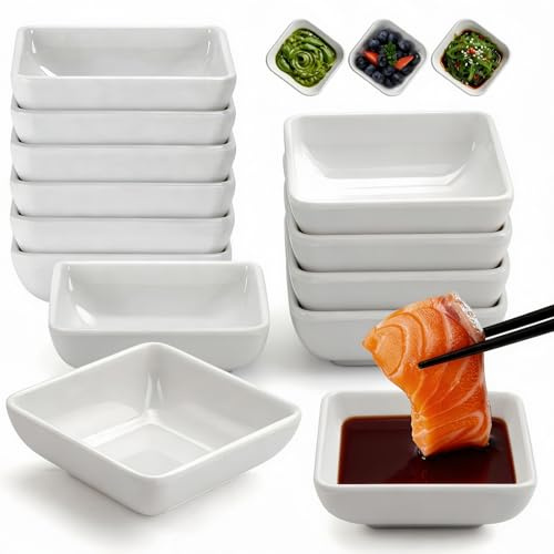 12 Stück Dip Schälchen, 7,5x7,5x3 cm Kleine Schälchen, Sushi Schüsseln Quadratische Dipschalen, Kunststoff Dip Schälchen Set Weiß, Saucenschälchen, Soja Soße Schale, Sauce Bowl für Dips, Tapas, Snack